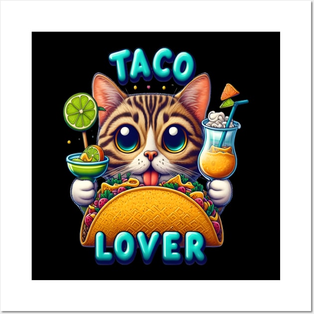 Taco Lover Cat With Refreshing Drink Wall Art by coollooks